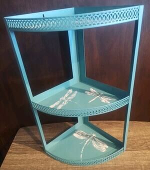Vtg Metal Mesh Filagree Edge Corner Shelf 3 Tier Wall Hang MCM Blue Perforated